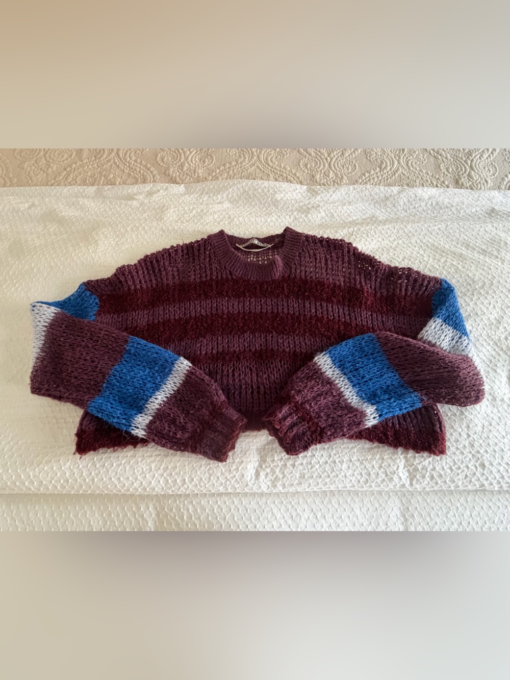 Kimchi Blue Burgundy Striped Crewneck Sweater with Blue and White Sleeve Bands